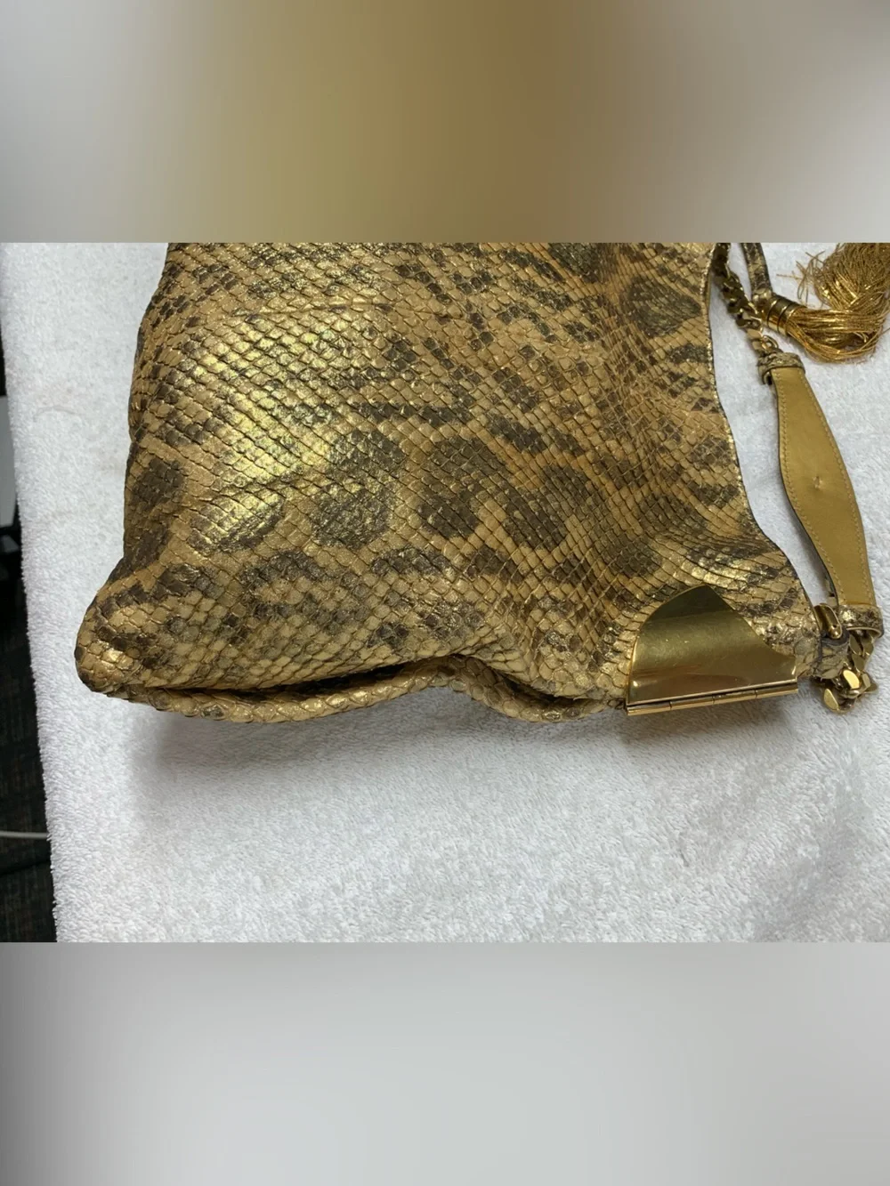 Gucci 1970 Gold Anaconda Snakeskin Tassel Chain Medium Hobo Bag